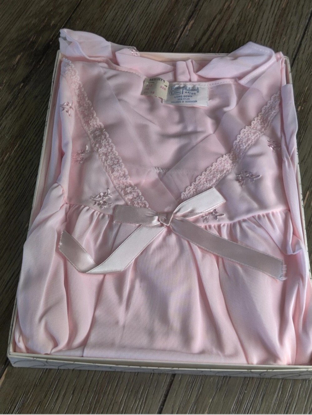RARE NOS 1960's Philmaid Long Nightgown Pink Floral Lace Nylon Sz 44 46 Bright's